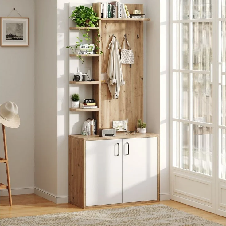 Merax Garderoben-Set Garderobenständer in Holz-Weiß, (für kleine Eingänge & Foyers, 1-St, 75 x 33 x 180 cm), Flurschrank mit 6 offenen Ablagen & geschlossenem Doppeltür-Schrank – Bild 1
