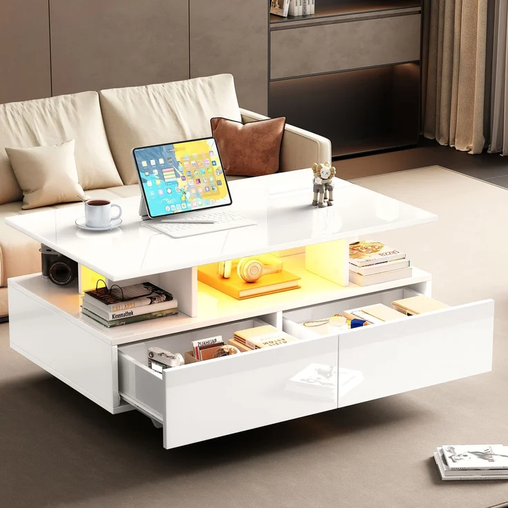 Couchtisch 90×55×41 cm Hochglanz Weiß mit LED-Beleuchtung, moderner Wohnzimmertisch mit 2 Schubladen, offenem Fach – Bild 1