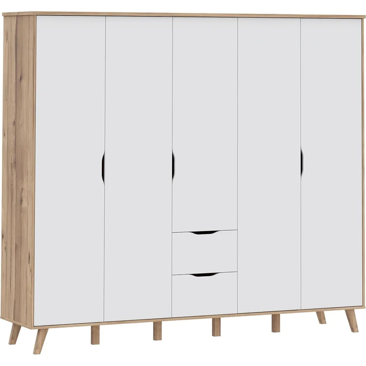 Forte VANKKA Kleiderschrank 230, Skandi Schrank mit 5 Drehtüren und 2 Schubladen, Filigrane Möbelbeine, Holzwerkstoff, Planked Eiche Holzdekor | Weiß, 228,8 cm breit x 201,5 cm hoch x 52,7 cm tief – Bild 8