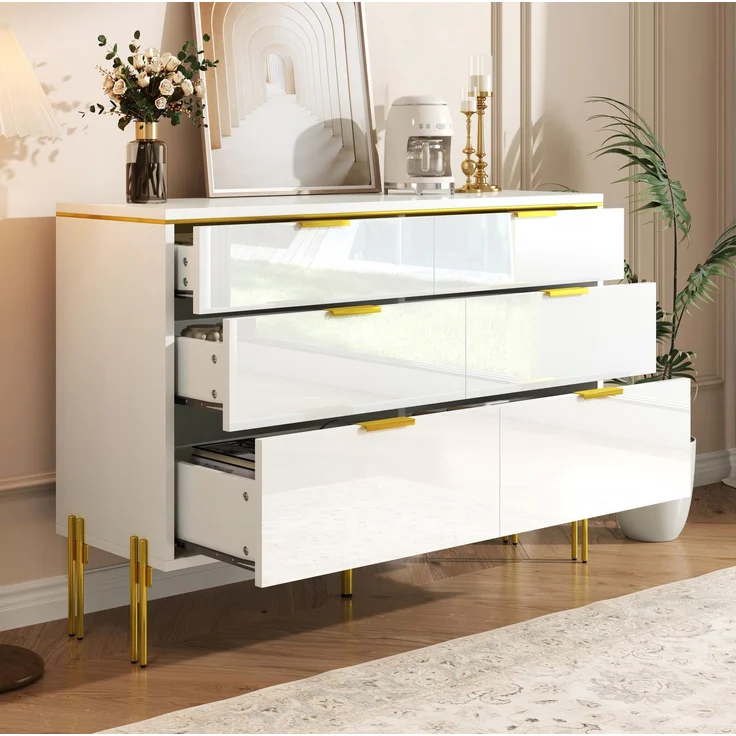DESVIAE Sideboard mit 6 Schubladen 120x85,5x40 cm Spanplatte Weiß mit Hochglanzfronten – Bild 5