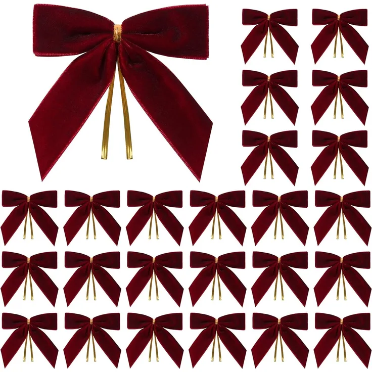 24 Stück – Samt-Schleifen für Weihnachtsbaum, Kranz & Geschenk, 8,9 cm (Weinrot)