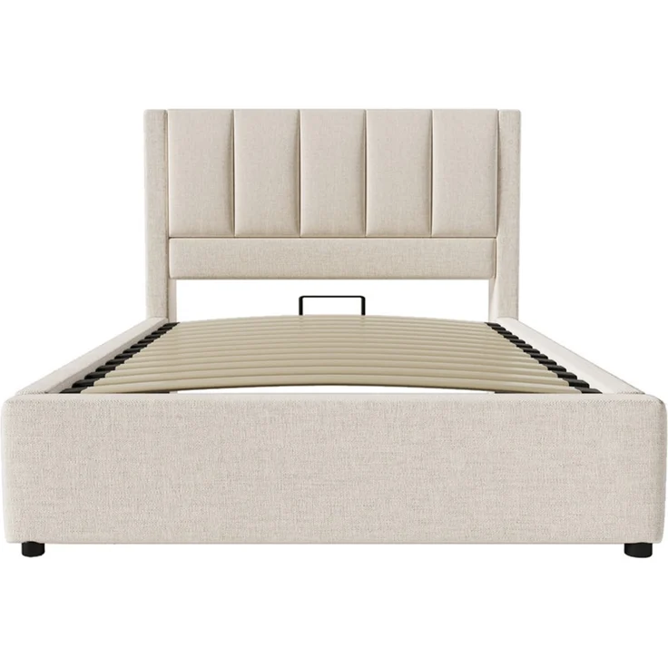 Polsterbett 90x200 cm Einzelbett mit verstecktem Becherhalter & Ladestation, Hydraulisches Bett mit Stauraum unter dem Bett, Inkl. Lattenrost, Leinen Beige (Ohne Matratze) – Bild 4