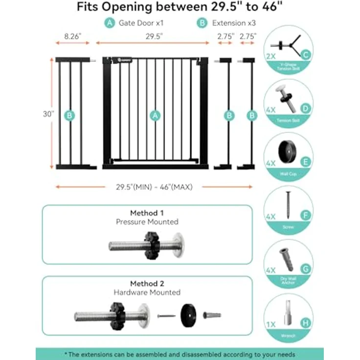 COMOMY 75-117cm Türschutzgitter Ohne Bohren, Treppenschutzgitter Auto Close mit Grün/Rotem Schild, Kindersicherung Tür, Türgitter für Hund/Katze, 90° Stop, mit Y-Spindel (76cm Hoch, Schwarz) – Bild 8