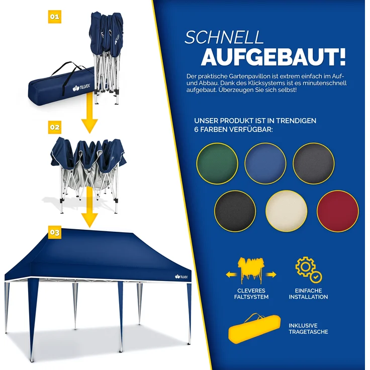 tillvex Pavillon 3x6m Blau wasserdicht | Pop-Up Faltpavillon höhenverstellbar | Gartenzelt UV Schutz 50+ | Partyzelt mit Tasche für Garten – Bild 8