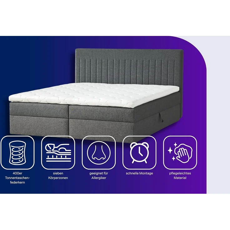 Traumnacht Boxbett Nizza mit praktischem Stauraum, mit 7-Zonen Tonnentaschenfederkernmatratze (H3) und Komfortschaumtopper, Leichter Aufbau, 140x200, dunkelgrau – Bild 4