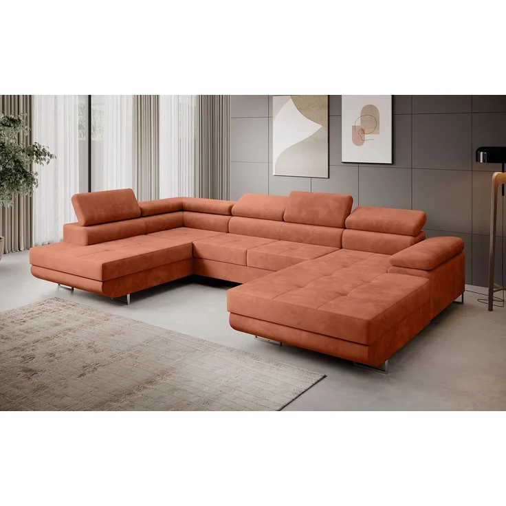Sofa FERRO, moderne Couch mit verstellbaren Kopfstützen, ausziehbare Polstercouch, Sofa mit Schlaffunktion, zwei Bettkästen, U- Form - Monolith 61, 72 x 201 x 335 cm – Bild 1
