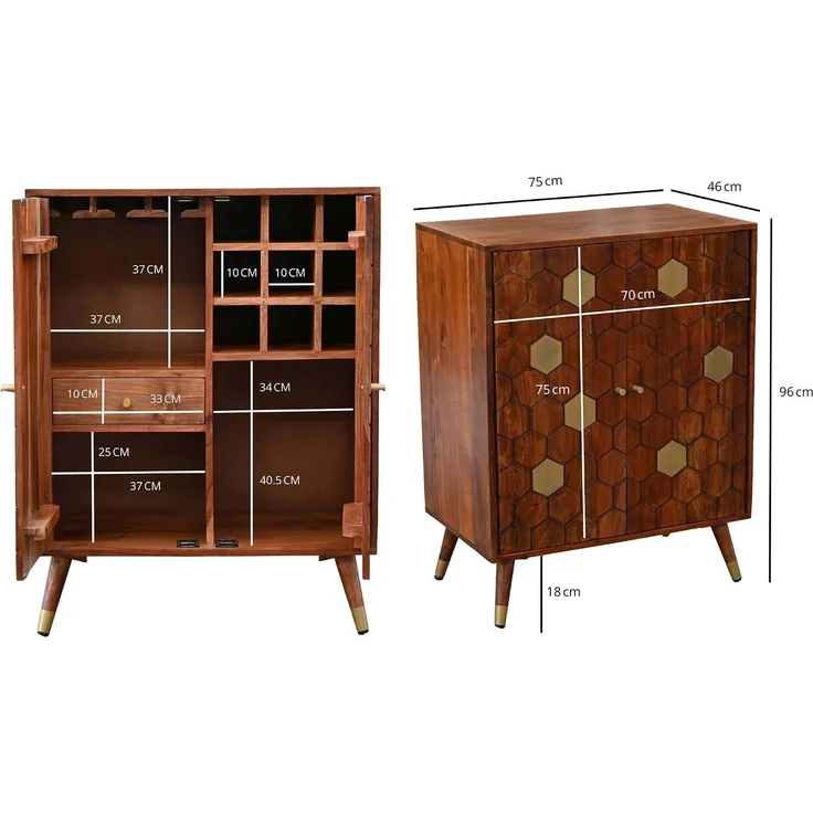 Barschrank Akazie Massivholz 75x96cm Bar Möbel mit Waben Muster - Design Hausbar mit Türen - Weinschrank mit Glashalter - Getränkeschrank - Holz Bar Wohnzimmer Handmade – Bild 3