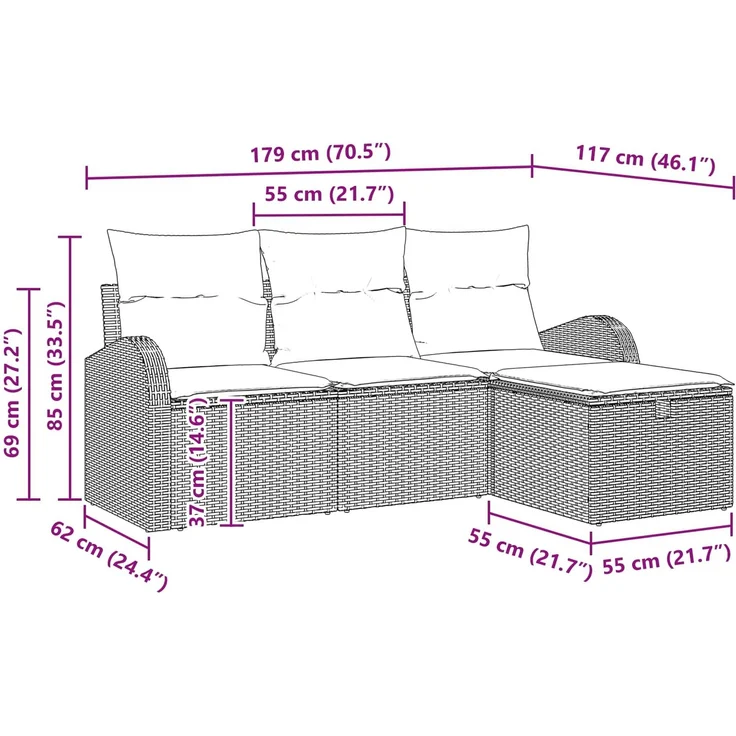 vidaXL Gartensofa-set mit Kissen 4 pcs Schwarz Poly-Rattan 3360387 – Bild 12
