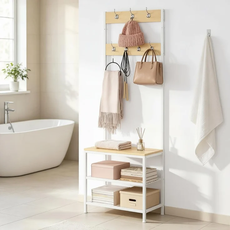 Vielseitiges Mantelhalter,Moderne Kleidungshalter,3 in 1 Design Kleidungsorganisator,Flur Kleidungshalter(nur mit Kleidungshalter)--Weiß--31.5x60x170cm--YOUDENOVA – Bild 6