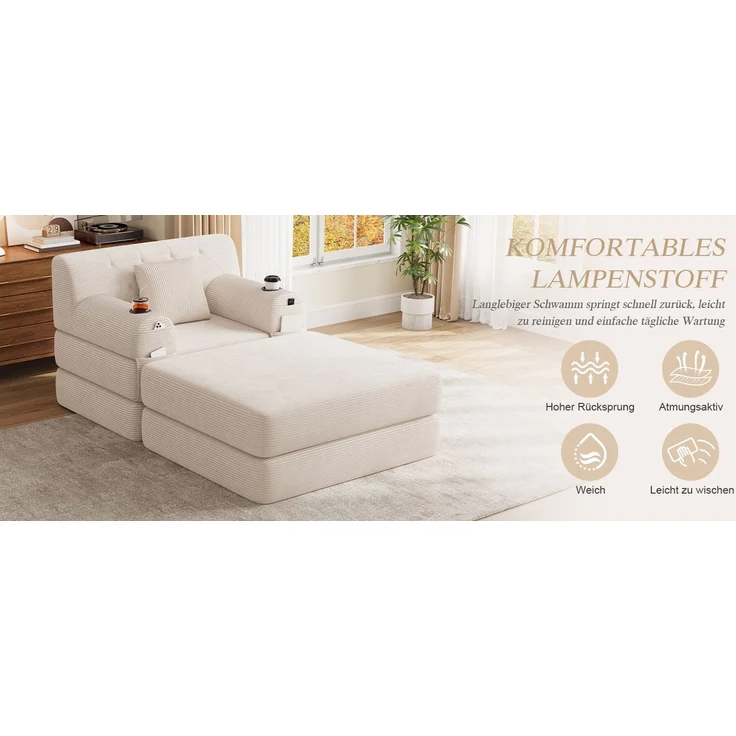 ZUBALIYA Schlafsofa 162x81 cm, mit Stauraum, mit Samtbezug, mit Cordbezug, mit Knopfheftung, mit breiten Armlehnen, Beige – Bild 15