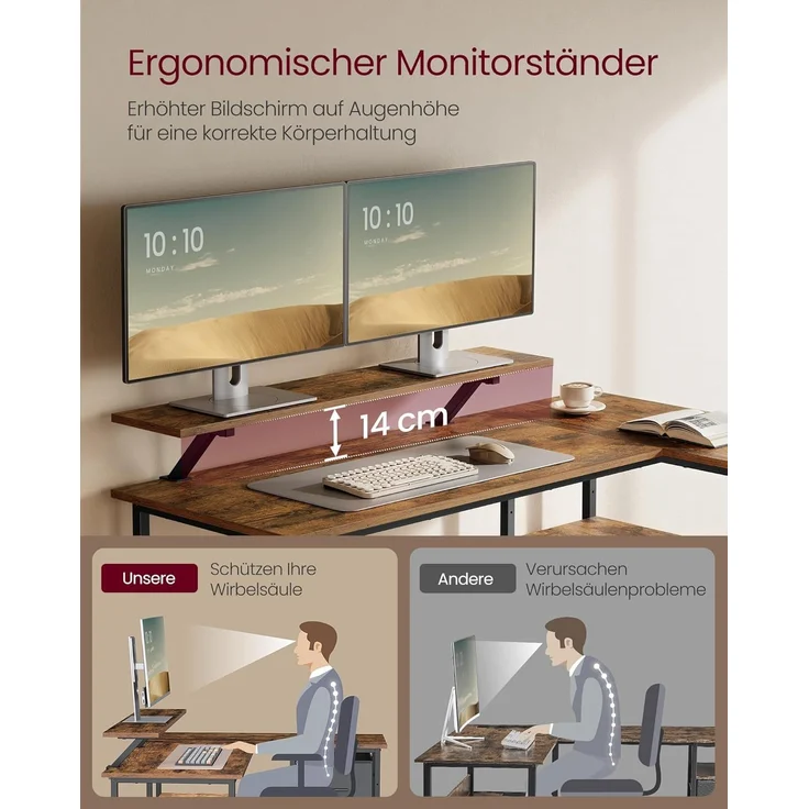 VASAGLE L-förmiger Schreibtisch, 2 geräumige Schubladen, Computertisch mit Monitorständer, Eckschreibtisch, Gaming-Tisch mit Verstellbarer Ablage 135x105 cm vintagebraun LWD098B01 – Bild 5