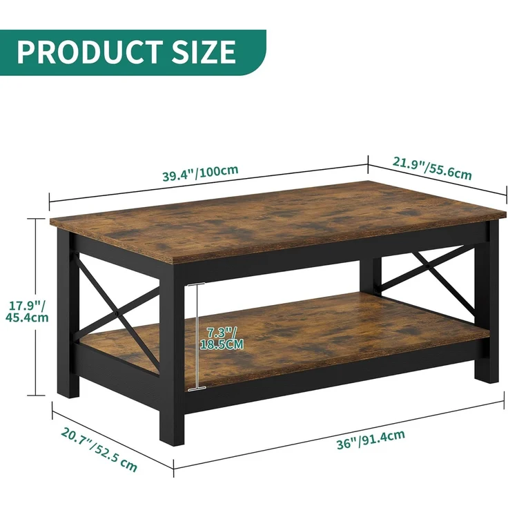 YITAHOME Couchtisch, Wohnzimmertisch, 2-stöckiger Dicker Holz Rechteckiger Couchtisch, X-Form Metal Side Support, Stabil 100 x 55,3 x 45 cm – Bild 2