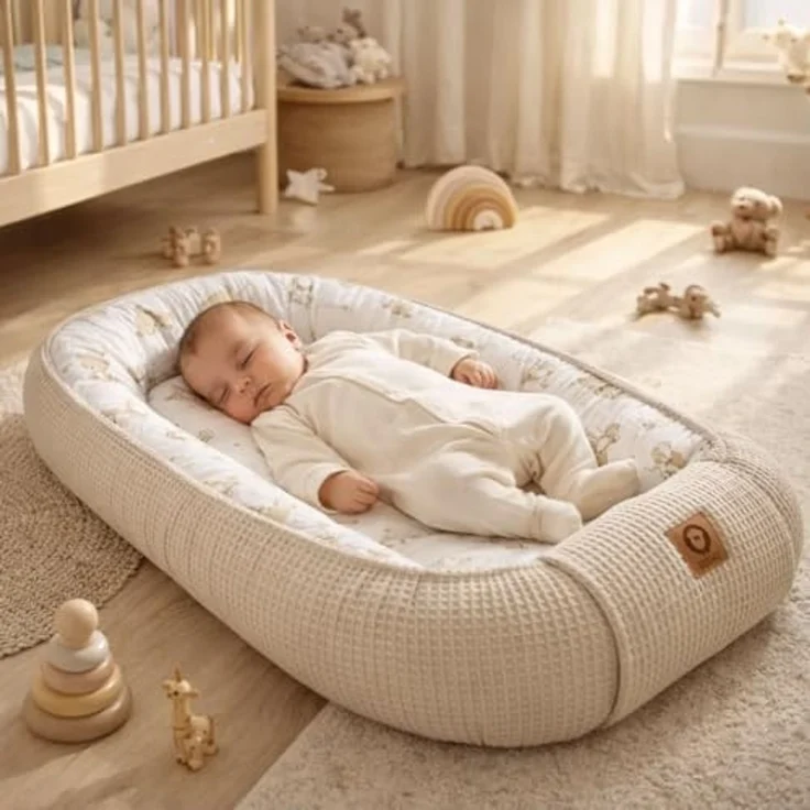 Babynestchen Neugeborene – Nestchen Baby aus Waffel Baumwolle & Baumwollstoff – Babynest für Babybett & Kinderbett – Baby Kokon Tragbar – OEKO-TEX – Zubehör für Babybett - Teddy und Hellbeige – Bild 2