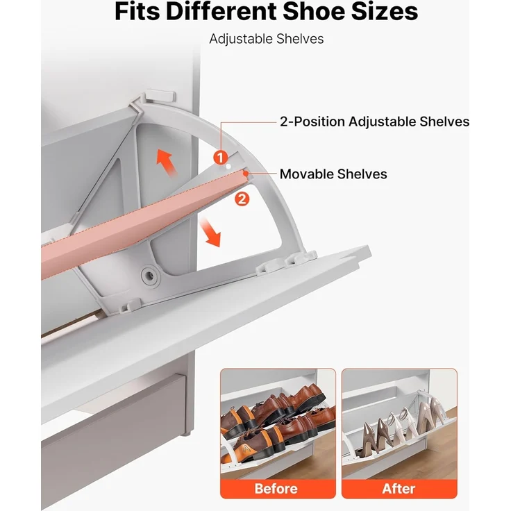 VEVOR Schuhschrank mit 3 Klappen, platzsparender Schuhkipper, freistehender Schuhregal-Organizer für den Eingang Flur Wohnzimmer Veranda, modernes Schuhregal 800 x 220 x 1165 mm Weiß – Bild 7