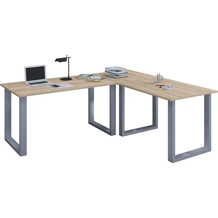 VCM Schreibtisch Lona 916360 Silber / Sonoma-Eiche H. 76 x B. 160 x T. 160 cm