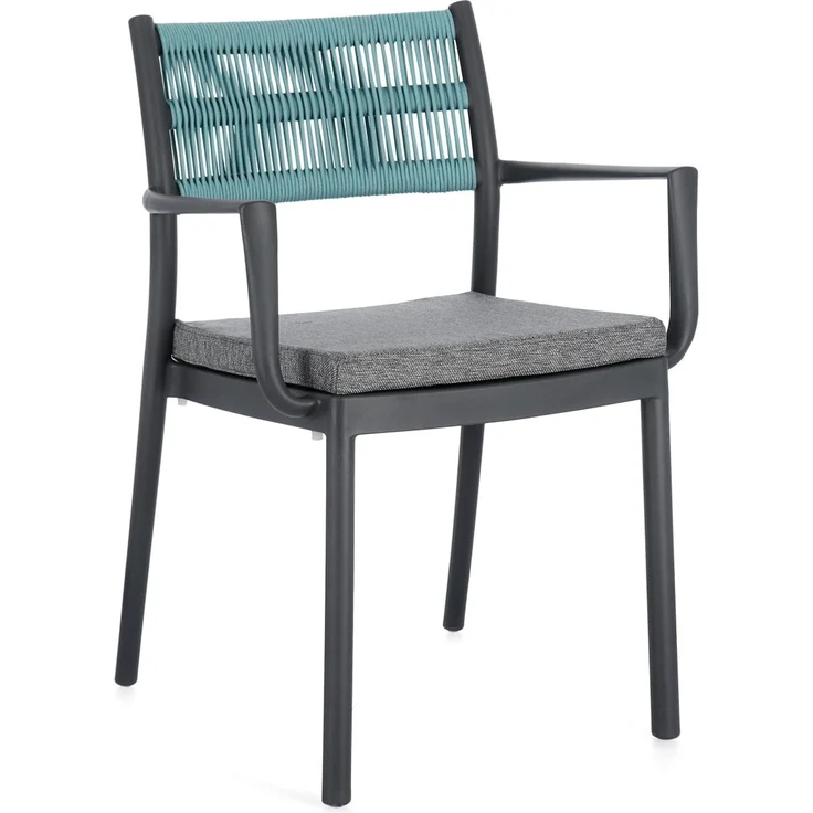 Gartenstuhl Alvin mit Armlehne, Metallgestell modern, anthrazit hellblau, gepolstert stapelbar – Bild 1