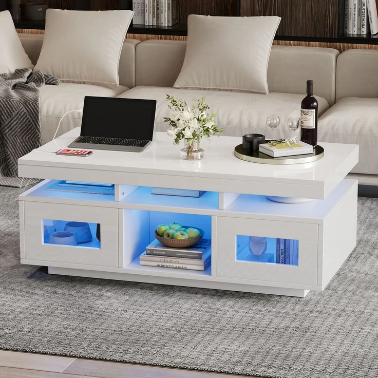 100×50×43cm weißer Hochglanz-Couchtisch, mit per mobiler App steuerbaren LED-Leuchten, Wohnzimmertisch mit Schrank, Sofatisch mit Ladeanschluss und steckdose , geeignet für Büro, Arbeitszimmer – Bild 3