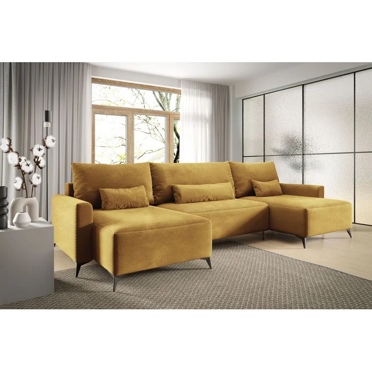 Wohnlandschaft mit Schlaffunktion SILVES Sofa U-Form Stoff Poso Honiggelb – Bild 1