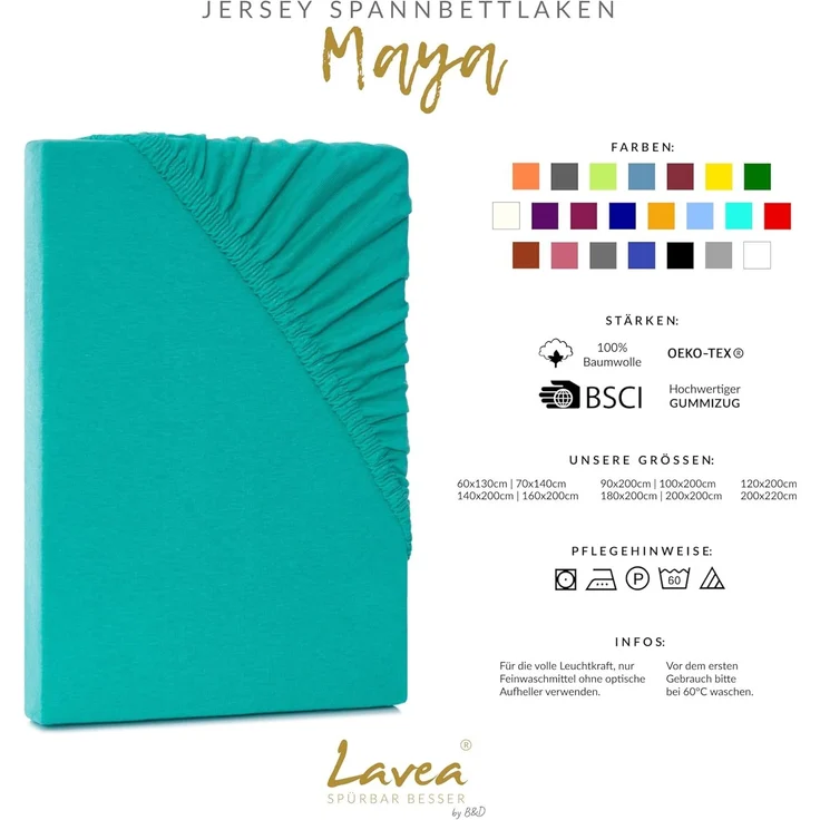 Lavea Spannbettlaken Bettlaken Maya, 180x200cm, 200x200cm, 140x200cm, 160x200cm, 100% Baumwolle Jersey, Gummizug: rundum, (2 Stück), für Matratzen, Topper, Boxspring- und Wasserbetten, weich, langlebig – Bild 3
