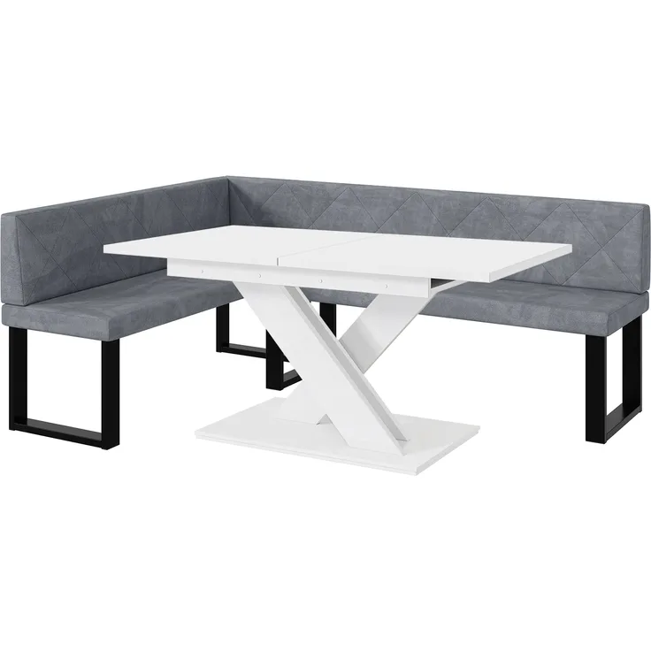 MEBLINI Eckbank für Esszimmer mit ausziehbarem Tisch - Küchenbank - Essecke - Sitzecke Küche - ERIC - U-Beine 142x196x87cm Links - Grau Samt/B Weiß Matt