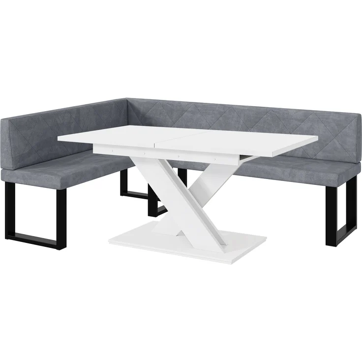 MEBLINI Eckbank für Esszimmer mit ausziehbarem Tisch - Küchenbank - Essecke - Sitzecke Küche - ERIC - U-Beine 142x196x87cm Links - Grau Samt/B Weiß Matt – Bild 1