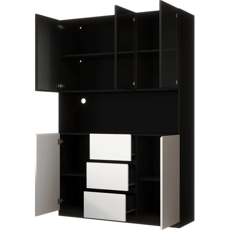 Glasvitrine mit LED-Beleuchtung, 120x40x200 cm, Schwarz, mit offenen Fächern und 3 Schubladen – Bild 5