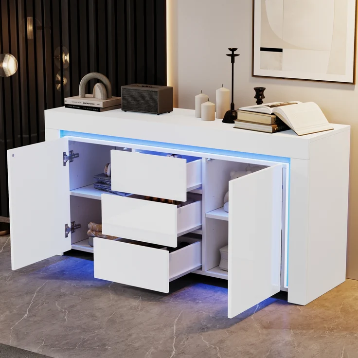 Merax Wohnzimmerschrank, Kommode mit 3 Schubladen, 2 Türen, Hochglanz Beistellschrank mit LED-Lichtleiste, Sideboard mit Stauraum, Weiß – Bild 3