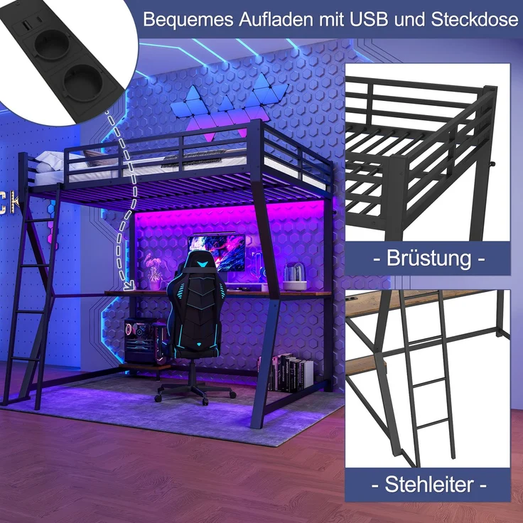 Hochbett, 140*200cm , Mit LED-Leuchten, Computerkonsolenablage, Schreibtisch, Steckdose+USB, Geländer, Treppe, ohne Matratze, Schwarz – Bild 6