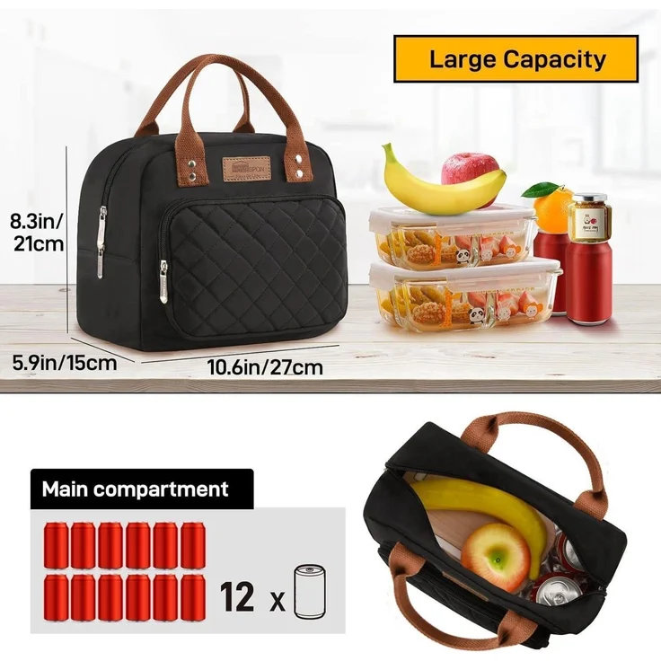 Isolierte Lunchtasche Kühltasche Lunchbox Behälter Schwarz 27x21x15cm – Bild 3
