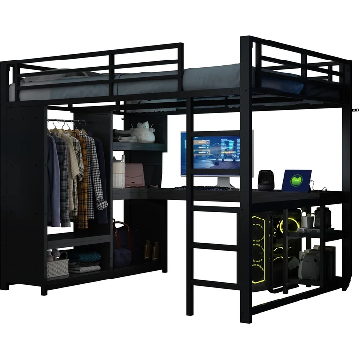 EINHOM 140 x 200 cm Metall-Gaming-Hochbett mit LED, Schreibtisch, Offenem Kleiderschrank und Ablagefächern, Schwarz (Ohne Matratze) – Bild 6