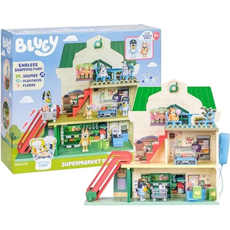 Bluey Supermarkt Spielset, 3-stöckiger Kaufladen mit beweglicher Rolltreppe, 2 Figuren und 13 Zubehörteilen, inklusive Restaurantbereich – Bild 2