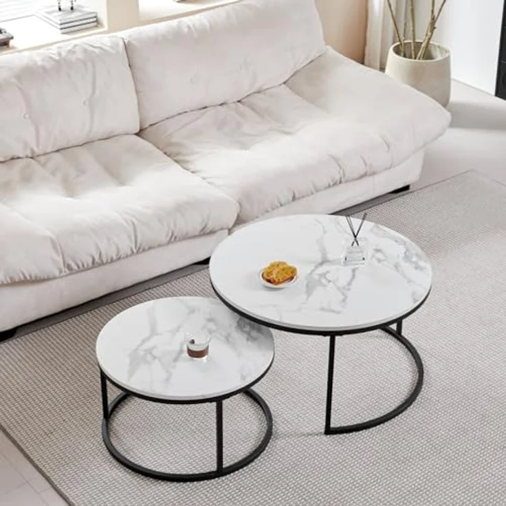 GrandCA HOME Couchtisch 2er Set,Stapelbarer Couchtisch, Couchtische Rund, Marmorierte MDF-Tischplatte, Schwarze Tischbeine aus Edelstahl，Geeignet für Wohnzimmer, Esszimmer（Ø80x45H cm，Ø60x35H cm） – Bild 2