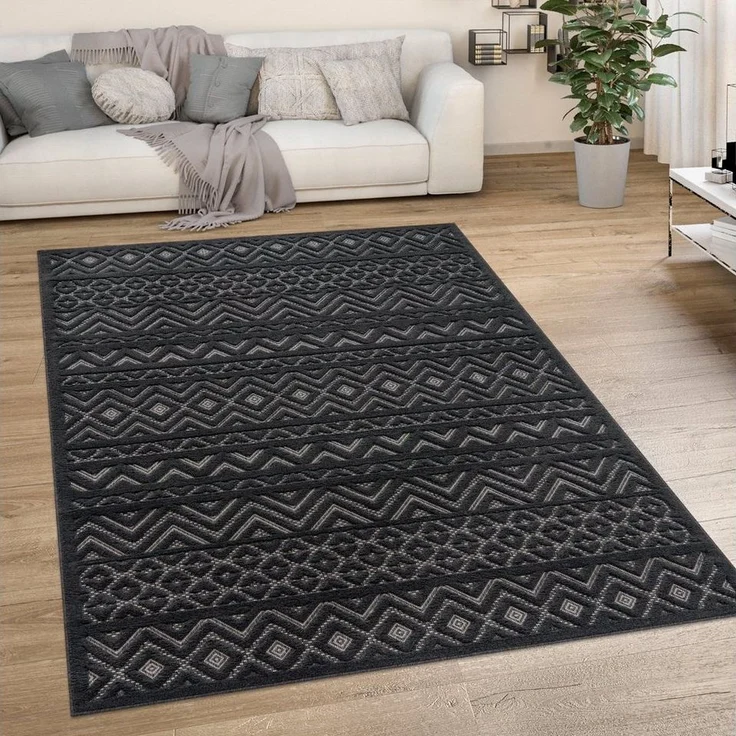Paco Home Teppich Livorno 673, rechteckig, Höhe: 14 mm, Uni-Farben, Scandi, Rauten Muster, Hoch-Tief Effekt, Outdoor geeignet – Bild 1