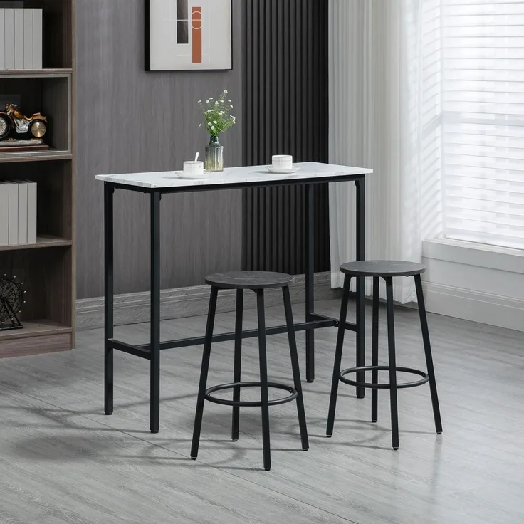 Bar Set 3-teilig Tisch Marmoroptik 2 Hocker Fußstütze Stahlrahmen für 2 Personen Frühstück, 90 x 100 x 40 cm