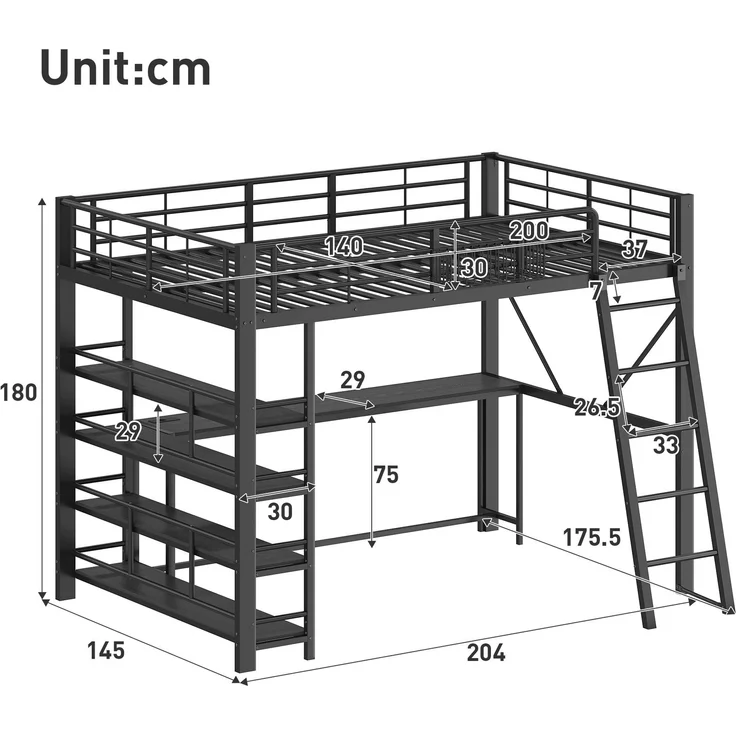 Metall-Hochbett (140 x 200 cm) mit integriertem Schreibtisch, Aufbewahrungskorb, Staufächern, USB-Ladestation und LED-Beleuchtung, Schwarz. – Bild 4