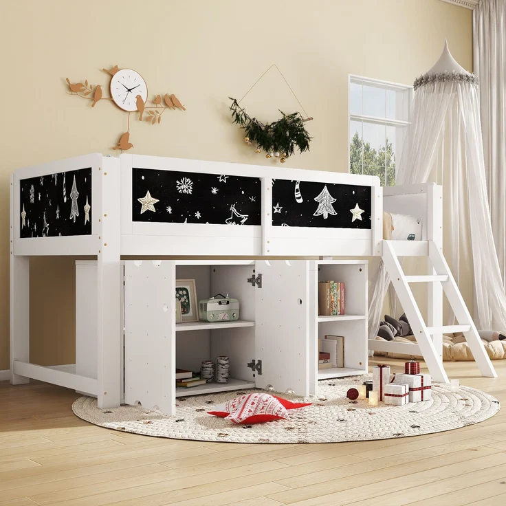 Merax Hochbett, 90x200cm Kinderbett, mit doppeltürigen Stauschränken und einer Tafel zum Malen, Zweistufige Schrägleiter, Sicherheitsgeländer, Weiß – Bild 7