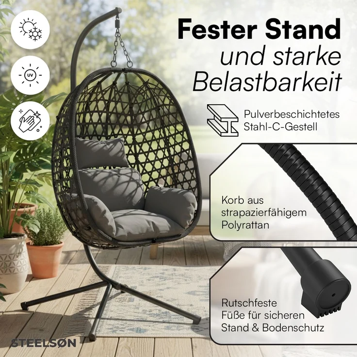 STEELSØN 'Sarin' Hängesessel mit Metallgestell, höhenverstellbar und faltbar, wetterfest, Polyrattan, dunkelgrau/schwarz, bis 150 kg belastbar, inkl. Kissen – Bild 2
