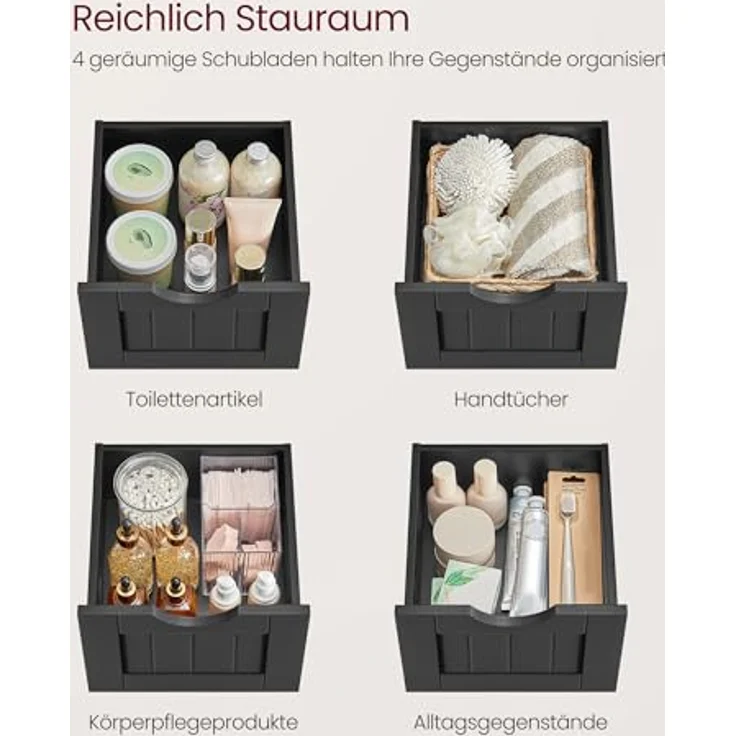 VASAGLE Badezimmerschrank, Badschrank, Beistellschrank mit 4 Schubladen, 30 x 30 x 82 cm, für Badezimmer, Wohnzimmer, Esszimmer, Küche, modern, tintenschwarz LHC040B01 – Bild 6