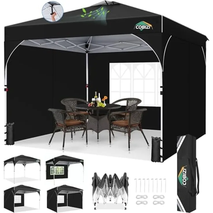 COBIZI Pavillon 3x3 Wasserdicht Stabil Winterfest Faltpavillon Gartenpavillon Partyzelt Pop Up Pavillon Klappbar UV Schutz 50+ Höhenverstellbar mit Entlüftung & 3 Stoffstücken&4 Sandsäcke， Schwarz