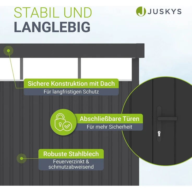 Juskys Gerätehaus Luzern 12 m² - Metall Geräteschuppen mit Türen & Fenstern - wetterfest & abschließbar - Fahrradgarage, Gartenhaus - Anthrazit – Bild 5