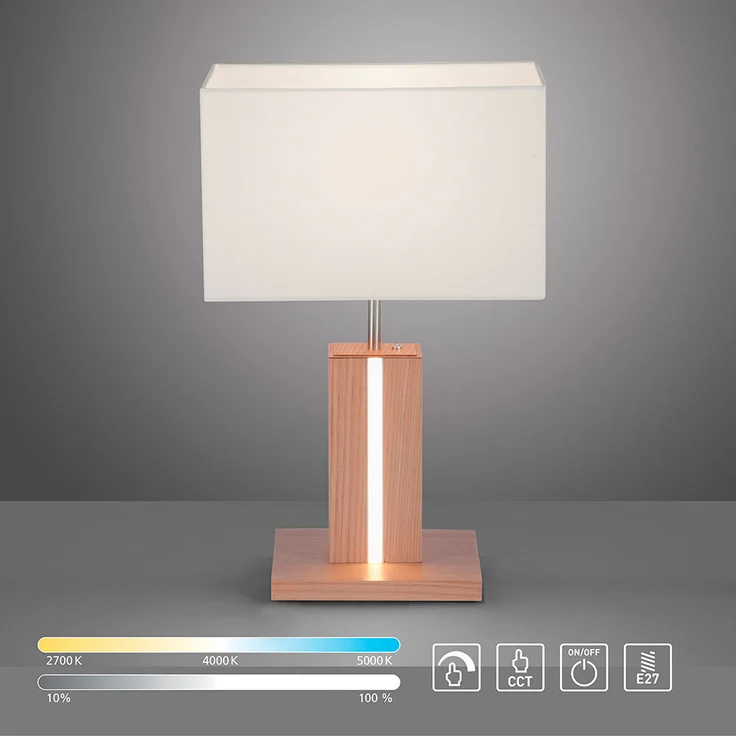 LED Tischleuchte, CCT, dimmbar, Holzoptik, weiß, H 48cm – Bild 8