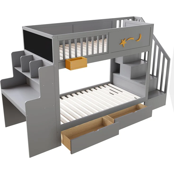 Etagenbett für Kinder mit Aufbewahrungsschubladen, Sicherheitstreppe, Schreibtisch und Sternenmotiv – 90 x 200 cm Massivholzrahmen aus Kiefernholz, Grau – Bild 8