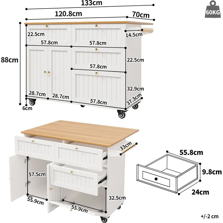 Abrihome Küchenwagen mit Stauraum und Rollen, Weiß, 88x70x133 cm – Bild 9