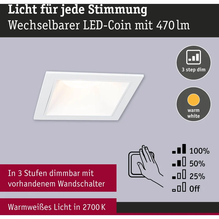 LED Einbauleuchte 3-Step-Dim Cole Coin 3er-Set IP44 eckig 88x88mm Coin 3x6W 3x470lm 230V dimmbar 2700K Weiß – Bild 3