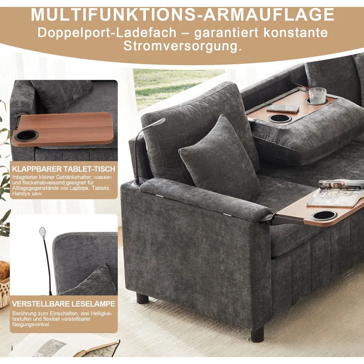 Merax Chenille-Ecksofa, 205cm L-förmiges Sofa mit Schlaffunktion, Ausziehsofa mit Hocker, Leselampe, USB&Type-C, Ausgestattet mit verstecktem Tisch, Ausklappbarer Couchtisch mit zwei Getränkehaltern, Grau – Bild 6