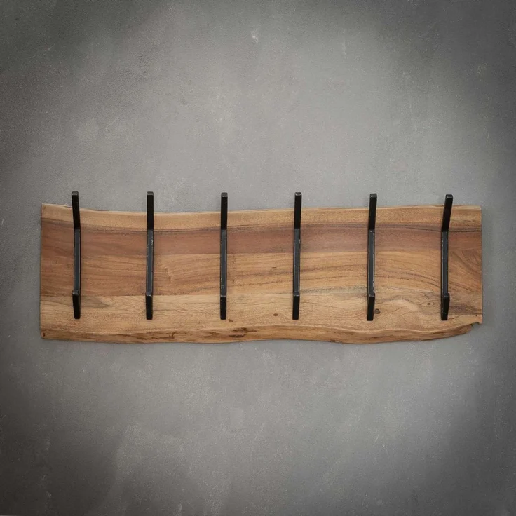 Garderobe aus massivem Akazienholz, modern mit Baumkante, 6 Haken, Natur, Wandmontage – Bild 7