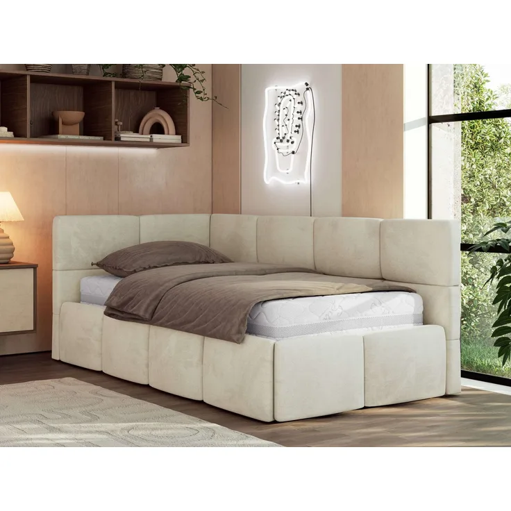 Jugendbett 90x200 ARVO Polsterbett mit Bettkasten, Stauraum & Gasdruckfeder, Modernes Design mit Kopfteil, Pocket Matratze - Beige Velvet - VIRE LUX - Links Seite