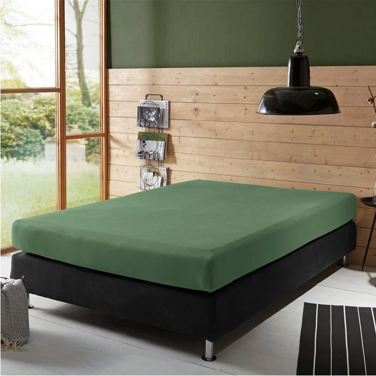 Erwin Müller 'Freising' Spannbettlaken, Gummizug: Rundumgummi, 1 Stück, Elasthan-Jersey-Stretch Uni, Olivgrün, Boxspringbett - 140x200 cm - 160x220 cm – Bild 3