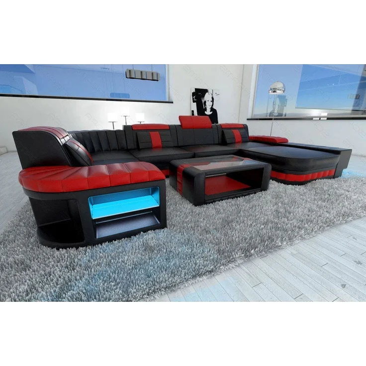 Sofa Dreams - Mini Designer Wohnlandschaft Bellagio Led U-Form - Ledermix - Schwarz-Rot - Rechts – Bild 5