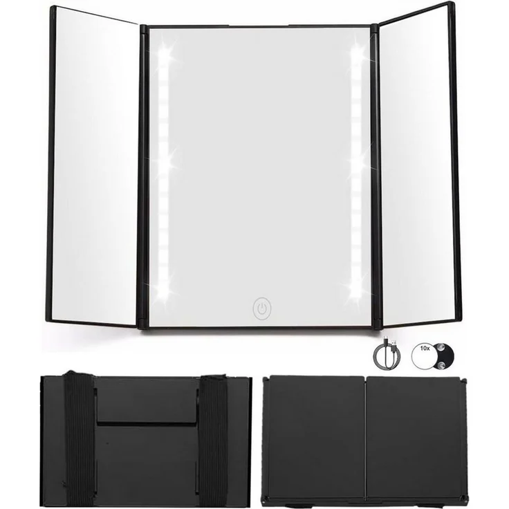 SinLaw LED-Lichtspiegel 360° Schminkspiegel,Drei Spiegel, Tragbarer Spiegel mit Licht, Schwarz, Mit LED-Verstellleuchte und Haken